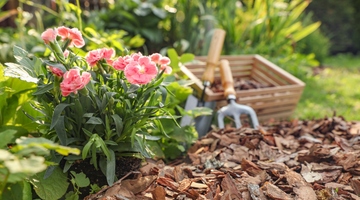 Cork bark mulch in a garden with pink flowers and gardening tools, sustainable decoration.